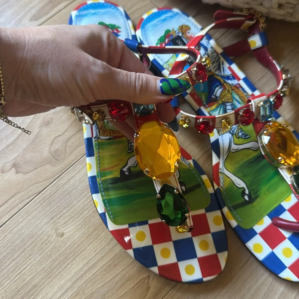 DOLCE & GABBANA  Embellished Patent Leather Thong Sandals - Multicoloured
